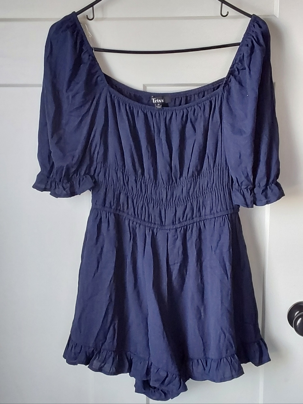 Trixxi Navy Blue Smocked Puff-Sleeve Romper